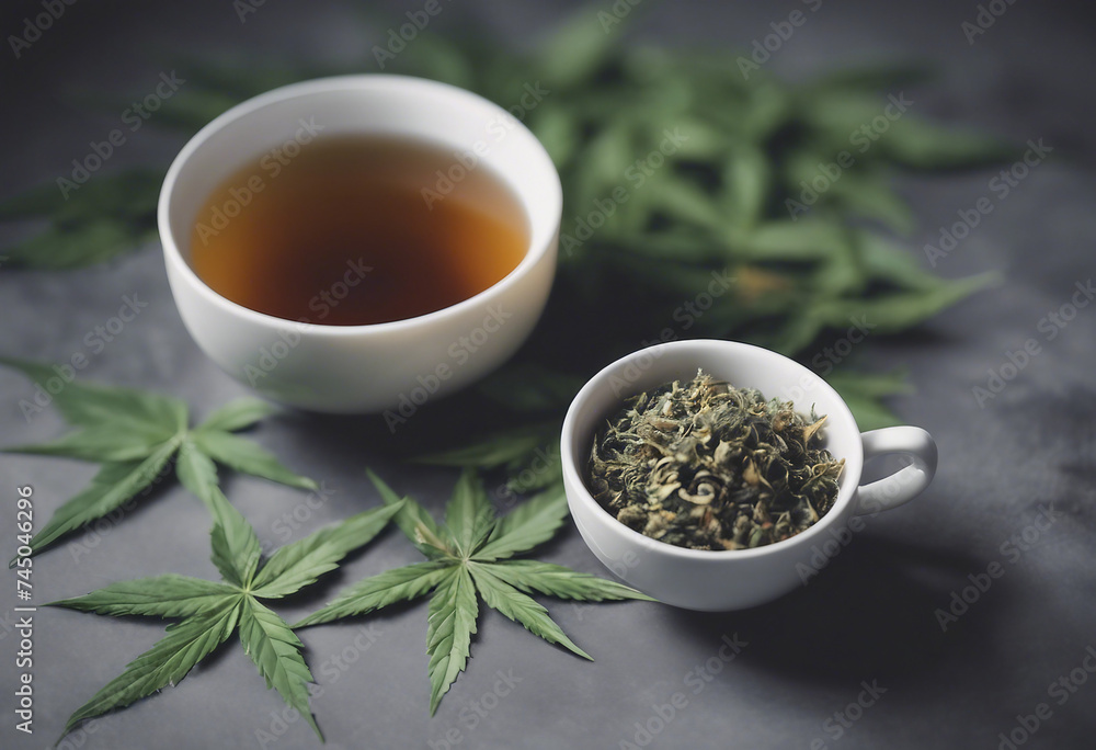 Hemp herbal tea and leaves on gray background Calming drink concept Hemp herbal tea and leaves on gray background Calming drink concept