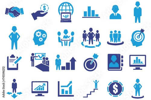 Business icons collection. Vector illustration. Contains initial, top, profile, stock, market, meeting, data, analytics, csr, handshake, growth, certificate, balance, scale, value.