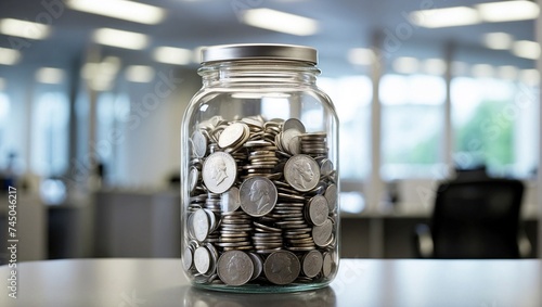 photo of a clear glass jar filled with money with an office background made by AI generative