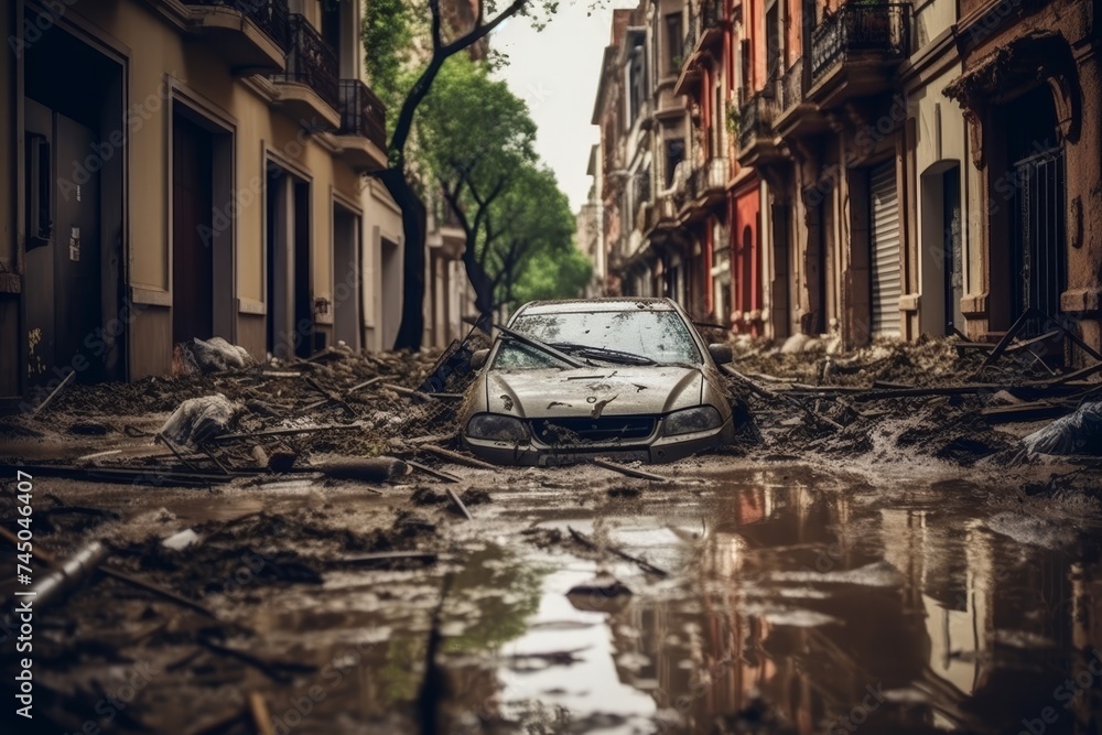 Dirt and destruction  flooded cars on city street after a natural disaster with water overflow