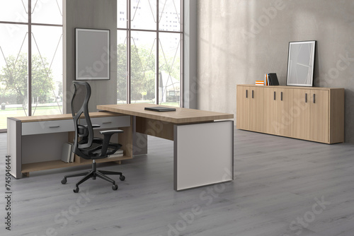 3D render interior design Office Room . Office desks with office chairs. Concept of working place. 3d rendering photo