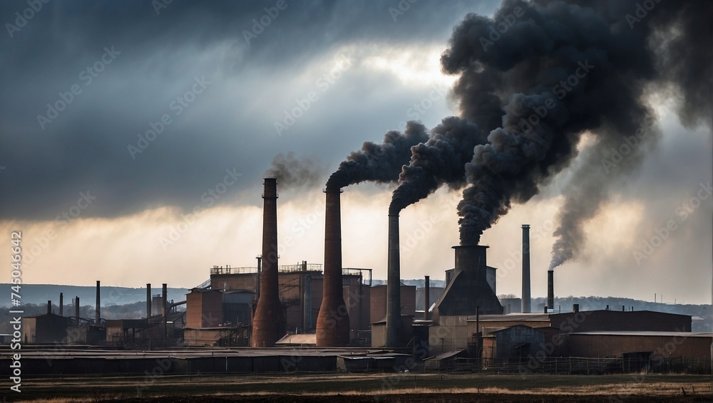 photo of a factory with a chimney emitting black smoke that pollutes the environment made by AI generative