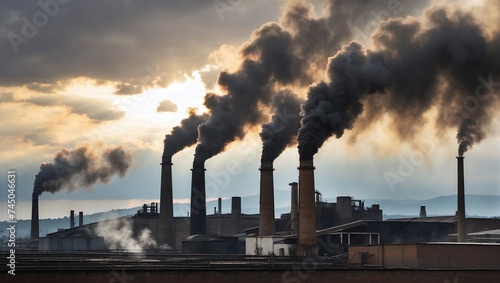 photo of a factory with a chimney emitting black smoke that pollutes the environment made by AI generative