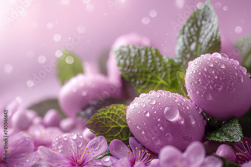  lavender Easter eggs  flowers  leaves and water drops against lavender background. Easter banner