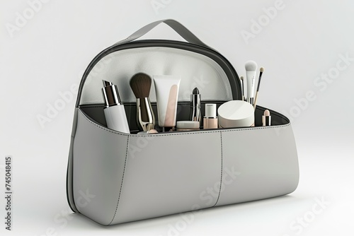 luxury grey cosmetics bag opened with cosmetics isolated on white background 