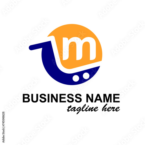 Initial m Letter in Shopping Cart, Trolley for Supermarket, Market, Shop, Store Business Simple Modern Logo Idea