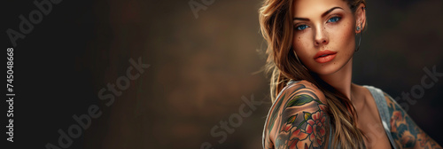 Young woman with tattoos on her arms.