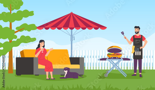 Family party with barbecue. Outdoor picnic with bbq