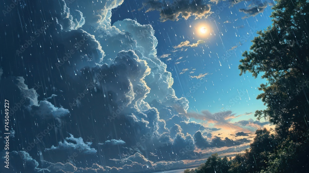 rain sky backdrop, embraced by the cool and calming light of moonlit clouds, portraying the beauty of a reflective and serene urban rainfall rain sky backdrop, embraced by the cool and calming light of moonlit clouds, portraying the beauty of a reflective and serene urban rainfall