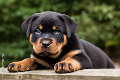 A youthfully exuberant Rottweiler puppy stands against a bucolic landscape. photo