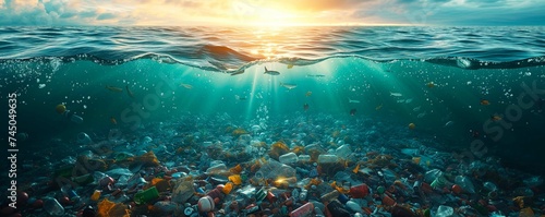 Garbage floating in the middle of the sea photo