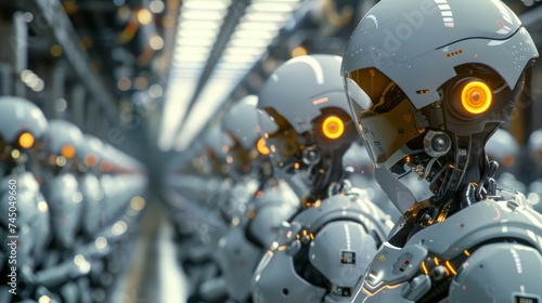 A lineup of sophisticated humanoid robots with glowing eyes in a high-tech manufacturing setting.