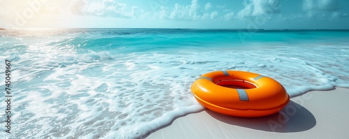 Orange lifebuoy floating at on white sand beach 