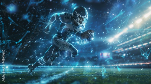 A holographic football player charges forward in a virtual stadium, embodying strength and motion.