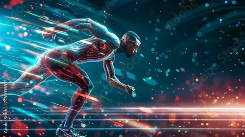 A cybernetic sprinter races with intense focus and high-tech enhancements on a glowing track.