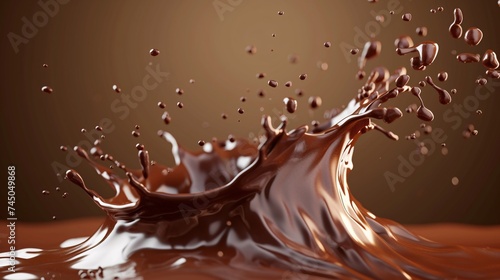 A lifelike brown liquid wave splashes in the air, tempting with its creamy flavor, in an isolated 3D display.