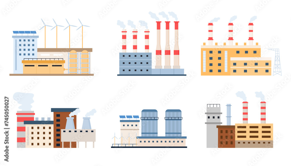 Flat factories vector set. Factory buildings collection Flat factories vector set. Factory buildings collection