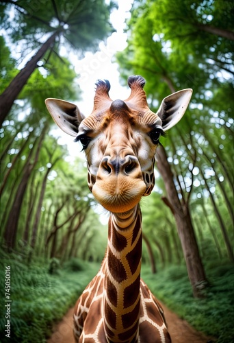 Animal make selfie in forest. Close-up giraffe in forest take selfie. interaction between wildlife and modern photography trends © panophotograph