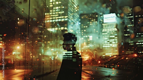 a man standing at night before a city building, in the style of neo-pop figurative