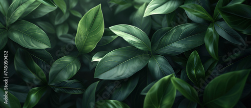 Lush green leaves in darkness. Close-up of fresh green leaves with detailed veins, shrouded in shadow.