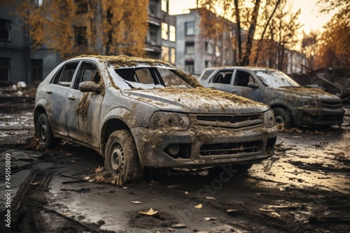 Damaged cars on city street after natural flood disaster, dirt and destruction scene © Aleksandr