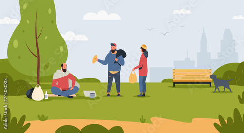 Homeless people in park, person poor, beggar character