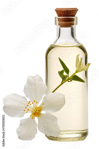 Jasmine oil in a glass bottle with flowers on a white background