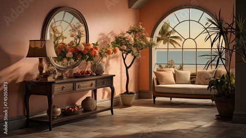 A welcoming entryway with warm sand painted walls and deep mahogany accent furniture