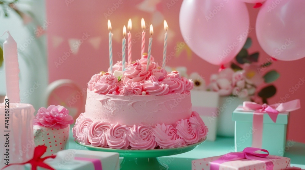 Vibrant birthday party setup with a pink frosted cake, burning candles, and balloons, creating a joyful atmosphere. Vibrant birthday party setup with a pink frosted cake, burning candles, and balloons, creating a joyful atmosphere.