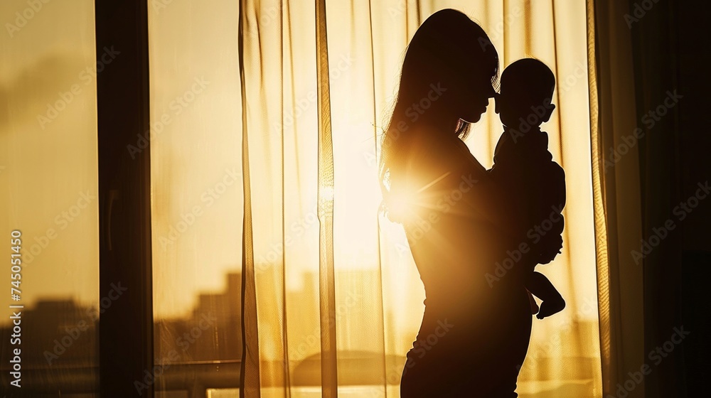 Silhouette of a loving mother holding her infant, bathed in the golden light of sunset.