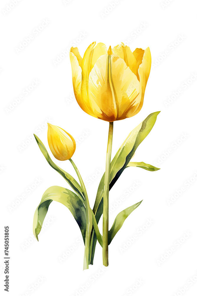 Fototapeta premium Single Yellow Tulip Illustration on White Background