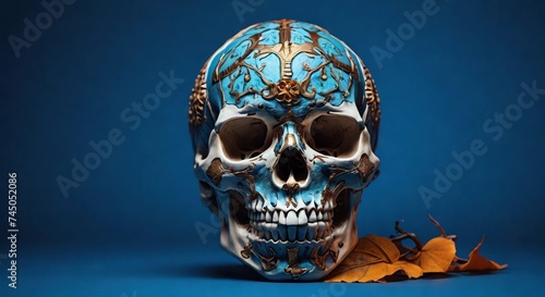 Vivid Human Skull Isolated on Blue Background: A Striking Visual Element for Educational or Artistic Purposes, copy space, helloween