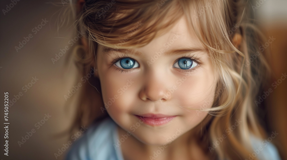 Close-up of a little charming girl with big clear innocent eyes who looks into the camera
