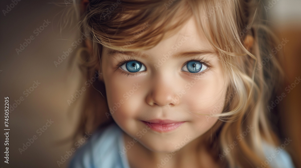 Close-up of a little charming girl with big clear innocent eyes who looks into the camera Close-up of a little charming girl with big clear innocent eyes who looks into the camera