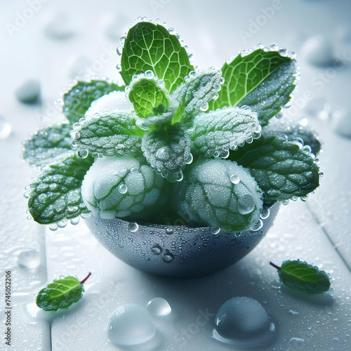 cold mint herb with large drops of condensation on them on white background