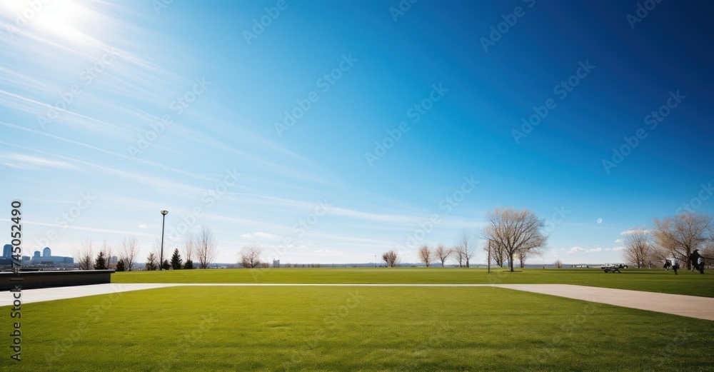Vibrant spring landscape with groomed lawn and trees