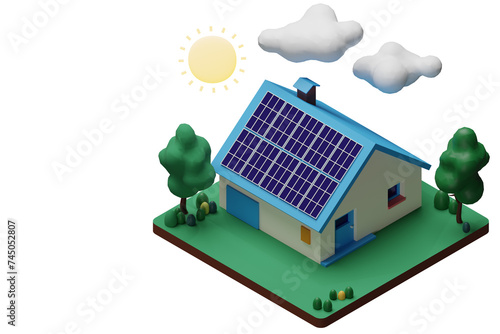 Isometric  3d render.Modern House with Solar Panels Green Eco House. Energy Effective House.