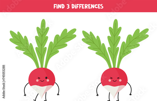 Find 3 differences between two cute cartoon radishes.