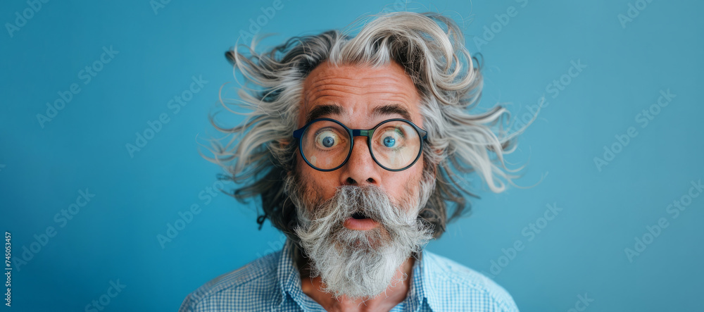 surprised mature man with glasses and voluminous hairstyle on a blue background. face of surprise and curiosity.blue background . copy space for advertising, presentations or promotional banners