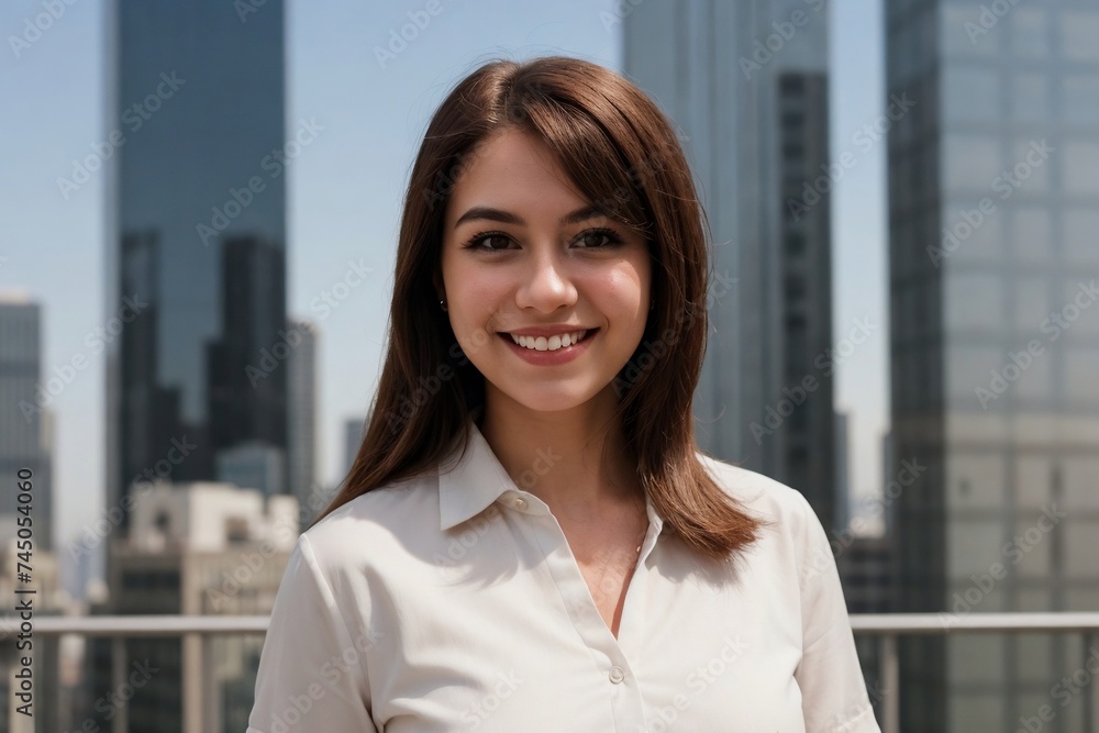Portrait of a young beautiful businesswoman standing against a backdrop of modern skyscrapers with copy space. Portrait of a young beautiful businesswoman standing against a backdrop of modern skyscrapers with copy space.