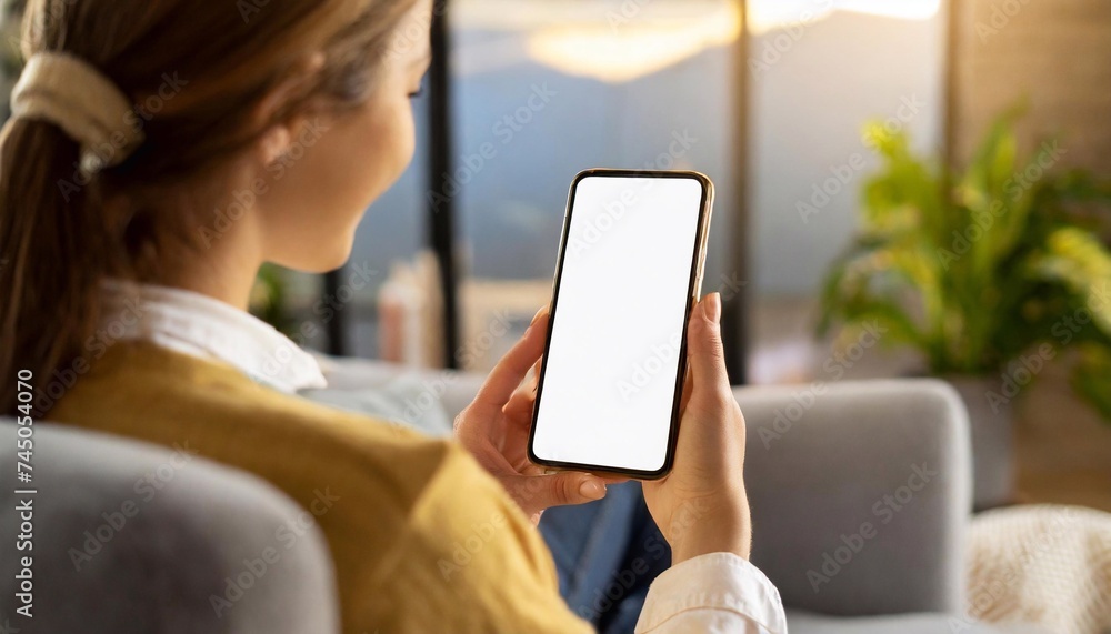 close up of woman using mobile phone while sitting on sofa at home