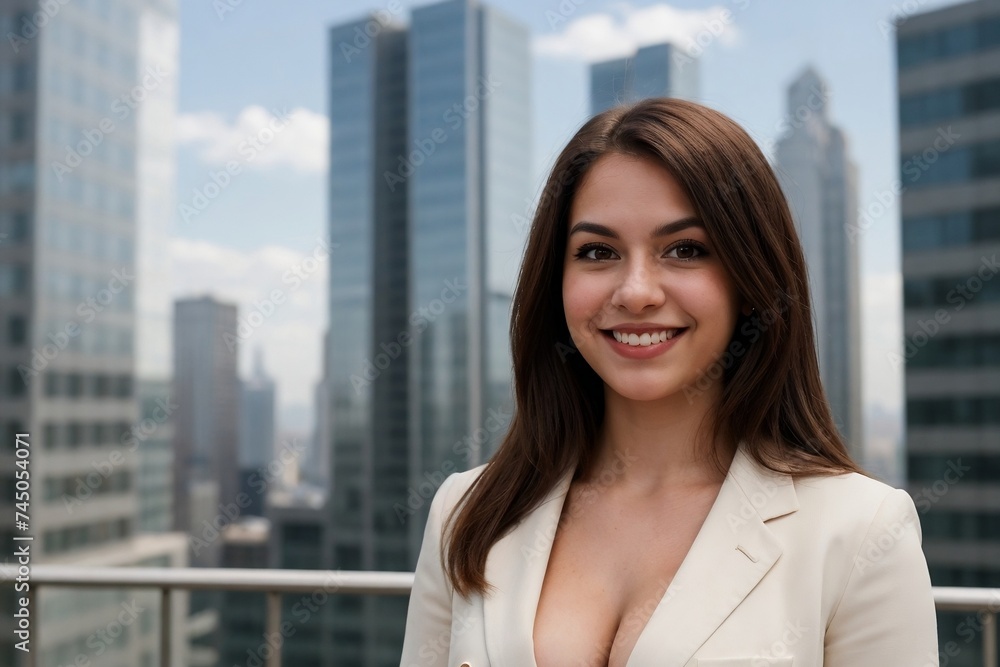 Portrait of a young beautiful businesswoman standing against a backdrop of modern skyscrapers with copy space.