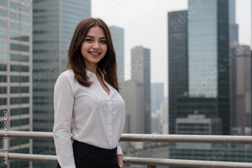 Portrait of a young beautiful businesswoman standing against a backdrop of modern skyscrapers with copy space.