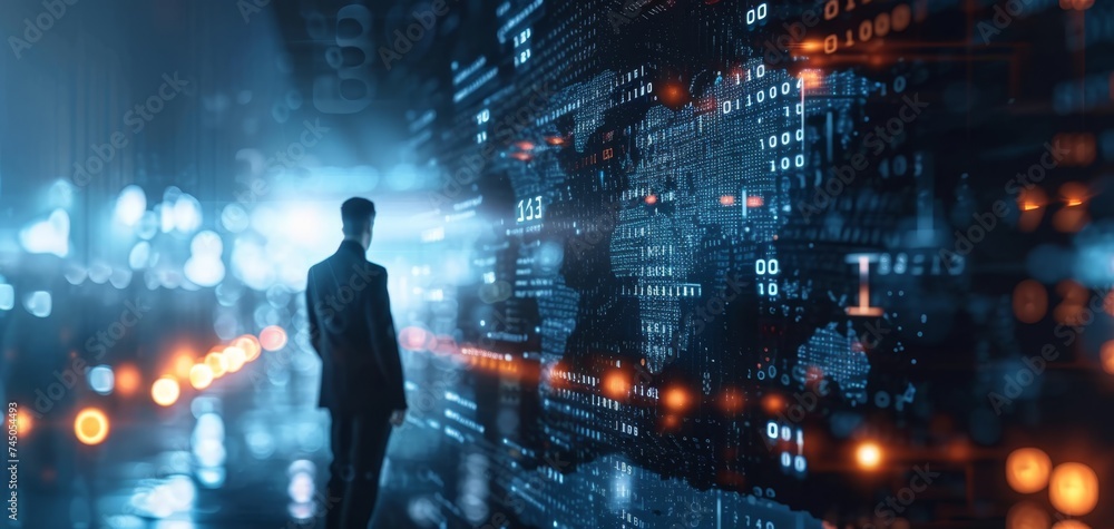 Businessman in Digital Data Stream Environment. Businessman in Digital Data Stream Environment.