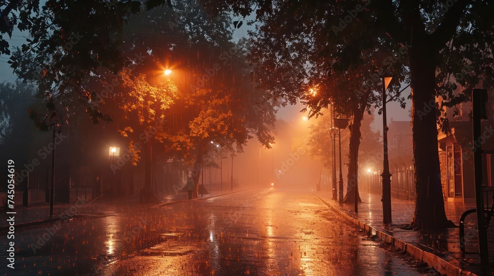 rain sky scene, accentuated by the subtle and gentle light of a misty night, evoking a sense of tranquility and intimacy in the midst of rainfall