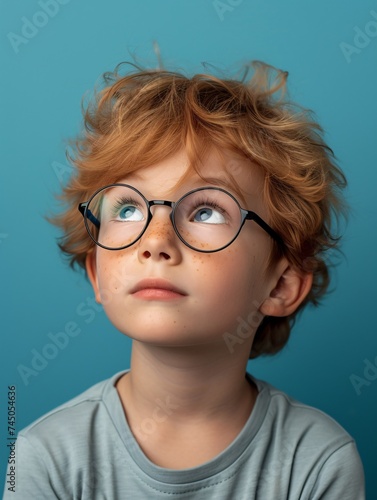 Introspective young boy wearing spectacles against a colorful backdrop.