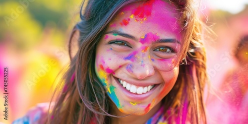 Holi celebration, happy young woman cheerful smiling in colored powder. Indian Happy Holi festival background. Close up portrait