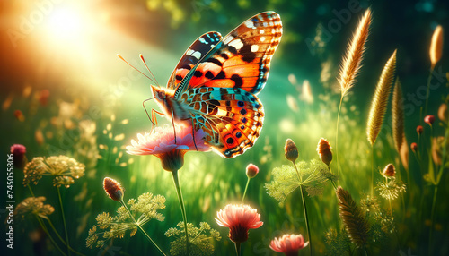 The image captures a vibrant butterfly with intricate wing patterns, perched on a delicate pink flower in a sunlit meadow with soft-focus flora.Insect behaviour concept.AI generated. 