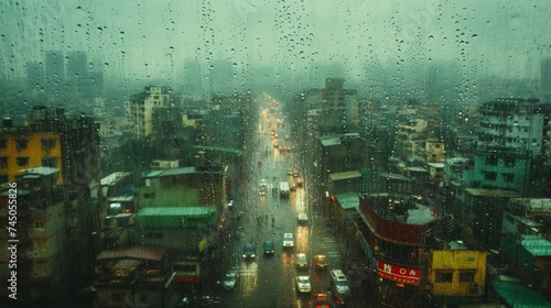 Vintage urban view captured through a window on a rainy day.