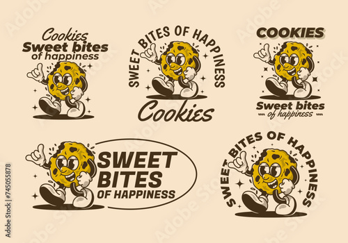 Sweet bites of happiness. Mascot character of a walking cookies in retro style